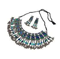 Conjunto Colar e Brincos Indianos Metal e Esmalte