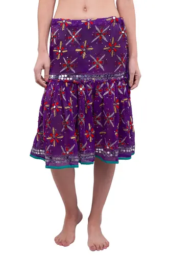 Saia Boho de Crepe Bordada com espelhinhos